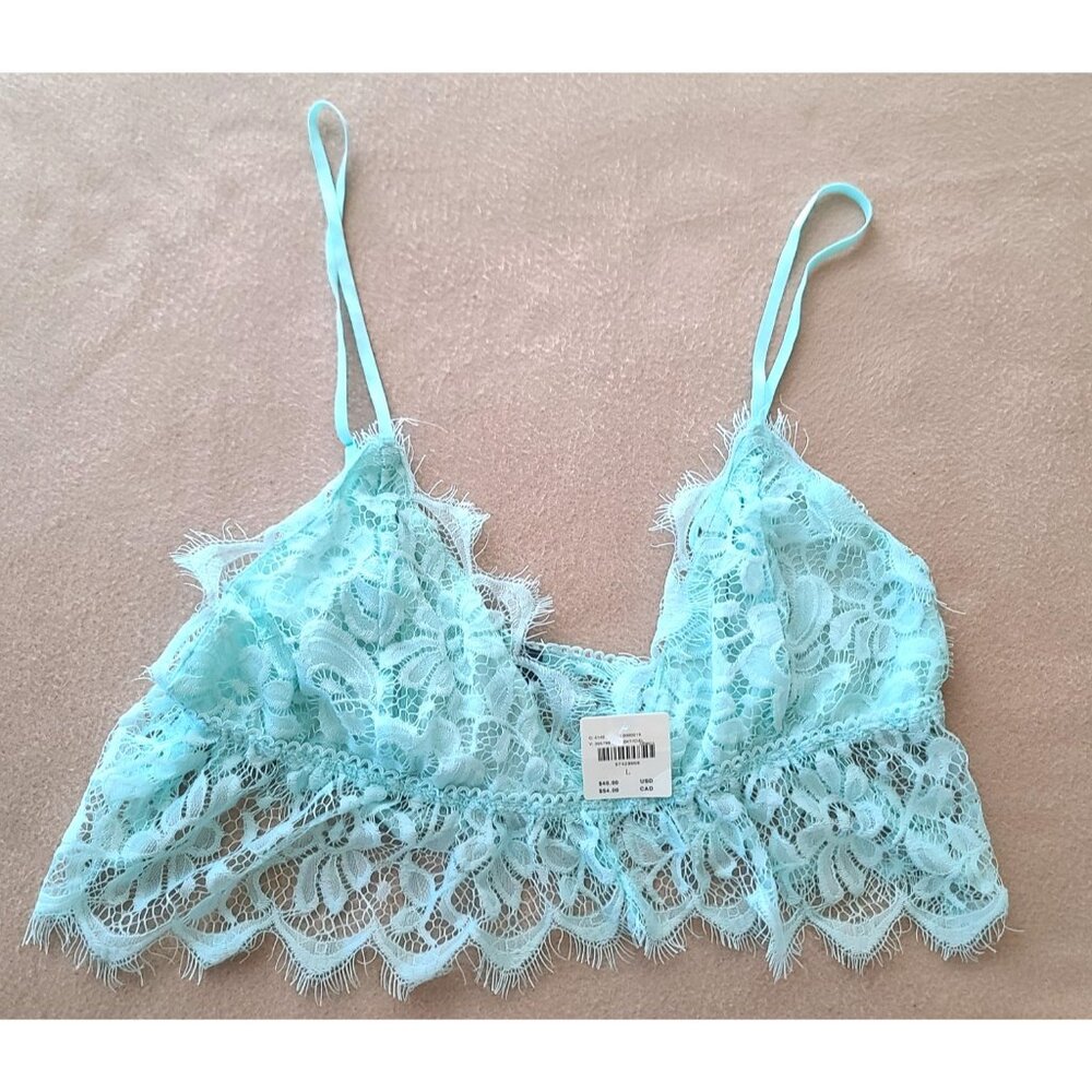 By Anthropologie Ruffle Lace Bra Sz L Sky Blue Wireless Sexy Flirty Bralette NWT